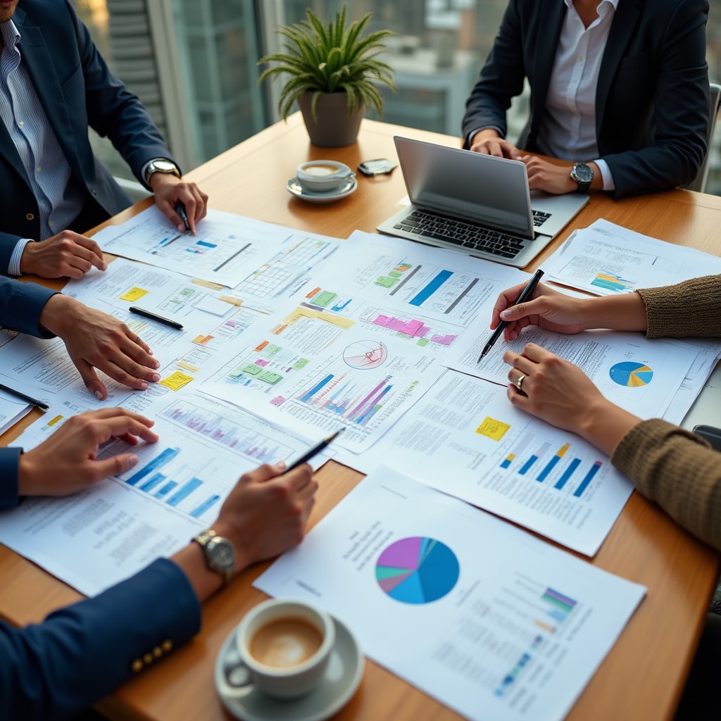 Session de planification stratégique avec documents et analyses organisationnelles