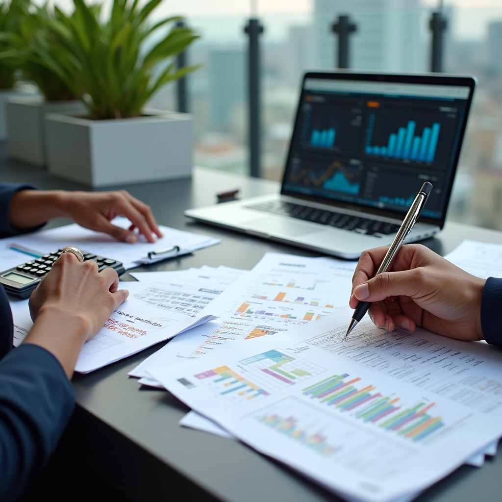 Analyse financière et documents de valorisation d'entreprise avec graphiques et calculatrice