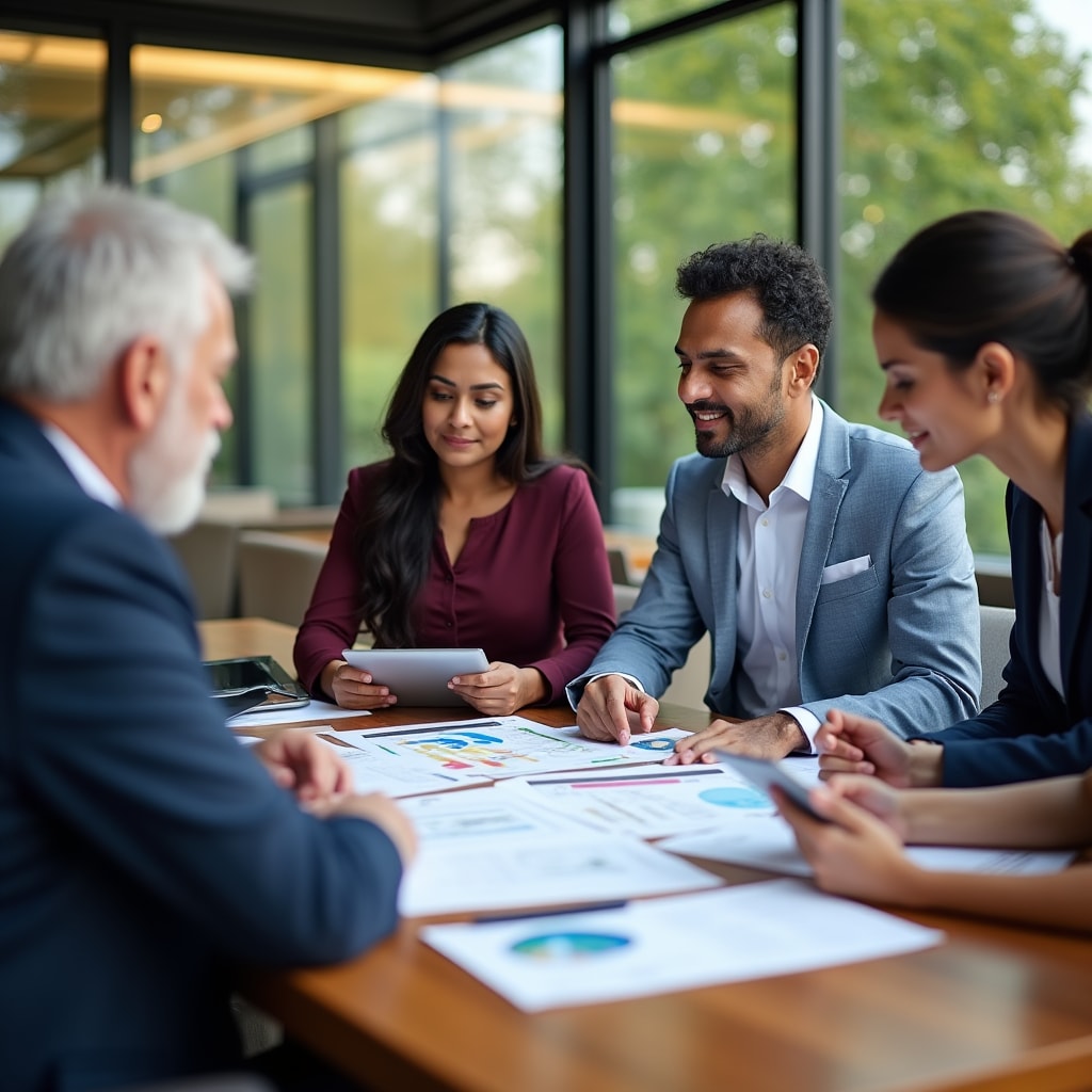 Réunion stratégique d'entreprise familiale avec plusieurs générations discutant autour d'une table
